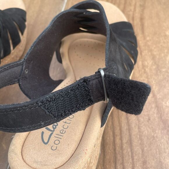 Clarks Women's Giselle Glow Nubuck Leather Wedge Sandals Black WIDE - Picture 6 of 9